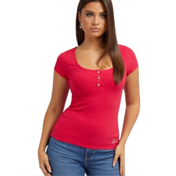 Guess Tops - *Final Price* Guess "Karlee" Short Sleeved Jewel Button Ribbed Top in Karma Pink